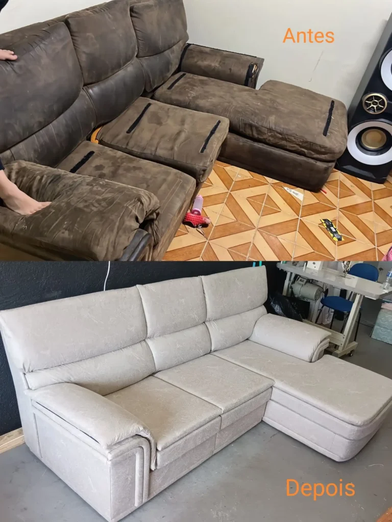 Reforma sofá antes e depois - troca de tecido profissional Tapeçaria Kisofá